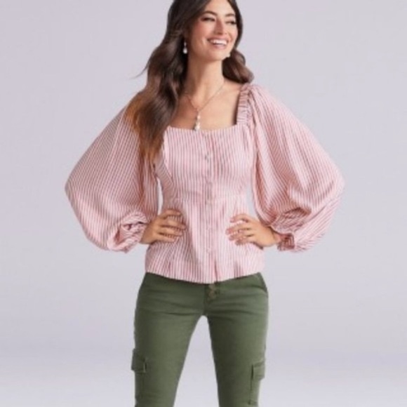 CAbi Tops - CAbi Carnival Red & White Striped Puff Sleeve Top Style 5890